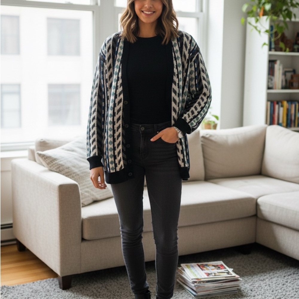 Stylish Women's Patterned Cardigan Sweater - Black, Gray, Blue, Green